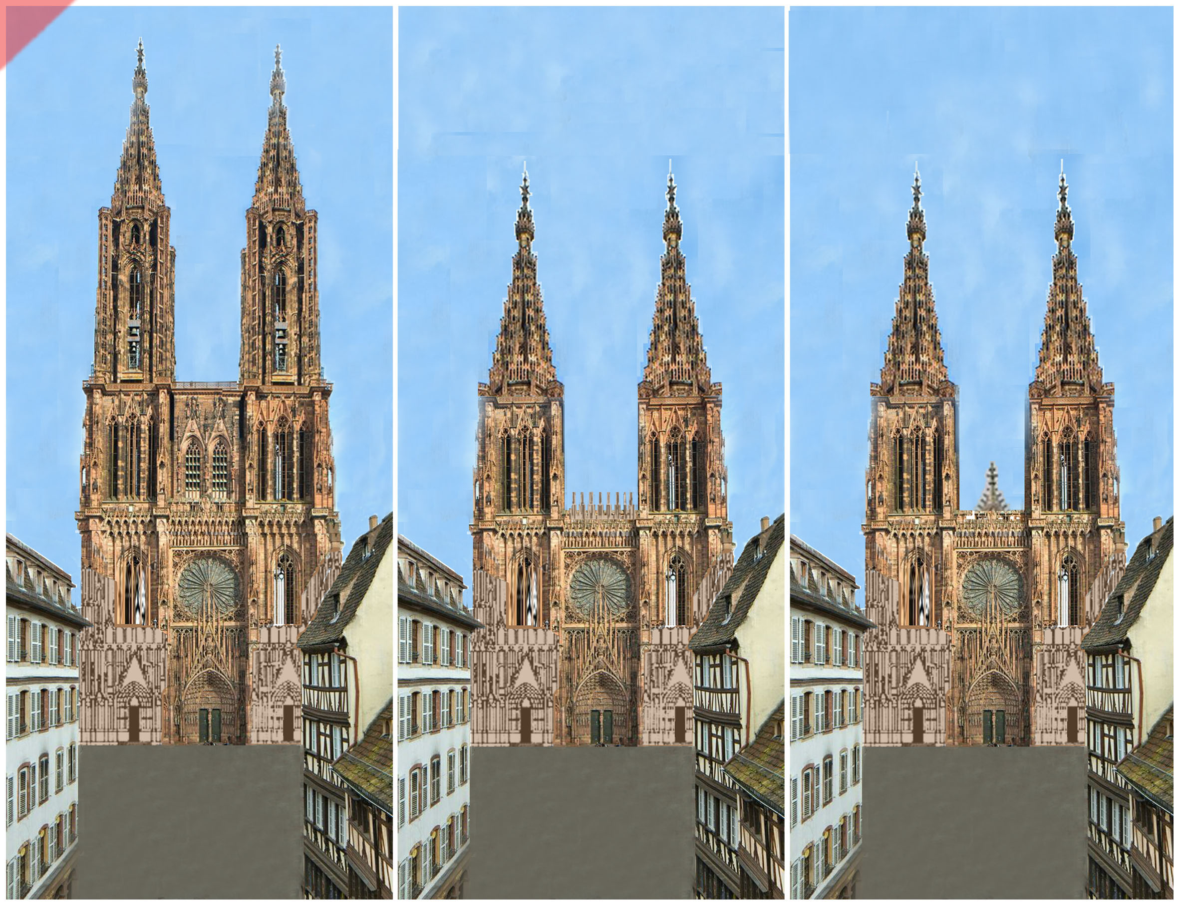 Strassburg-Münster-Cathédrale-tours-2-deux-prévu-toit-de-pierre-façade-ouest-Straßburg-cathedrale-2-two-towers-kathedrale-pitched-roof-stone-then-and-now