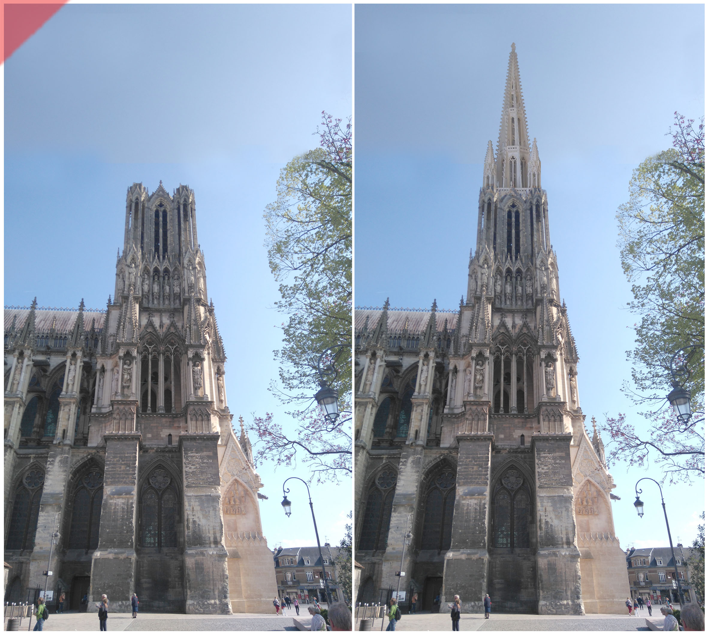 Reims-Cathédrale-Reims-tours-2-deux-prévu-toit-de-pierre-façade-ouest-Reims-cathedrale-2-two-towers-kathedrale-pitched-roof-stone-then-and-now