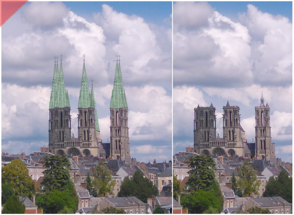 Laon-bleidach-grün-Kathedrale-2-Türme-Tuerme-Spitzdach-flach-Damals-Jetzt-Cathédrale-plomb-vert-vol-drone-2-deux-tours-façade-aériennes-tours avant-toits-plane-alors-et-maintenant-Laon-cathedral-drone-aerial view-kathedrale-lead-green-2-two-towers-façade-west-pitched roof-then-and-now