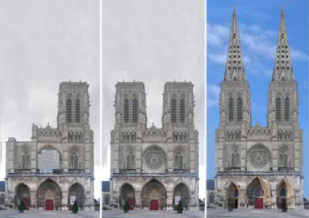 Soissons-Kathedrale-Fassade-geplant-gebaut-Damals-Jetzt