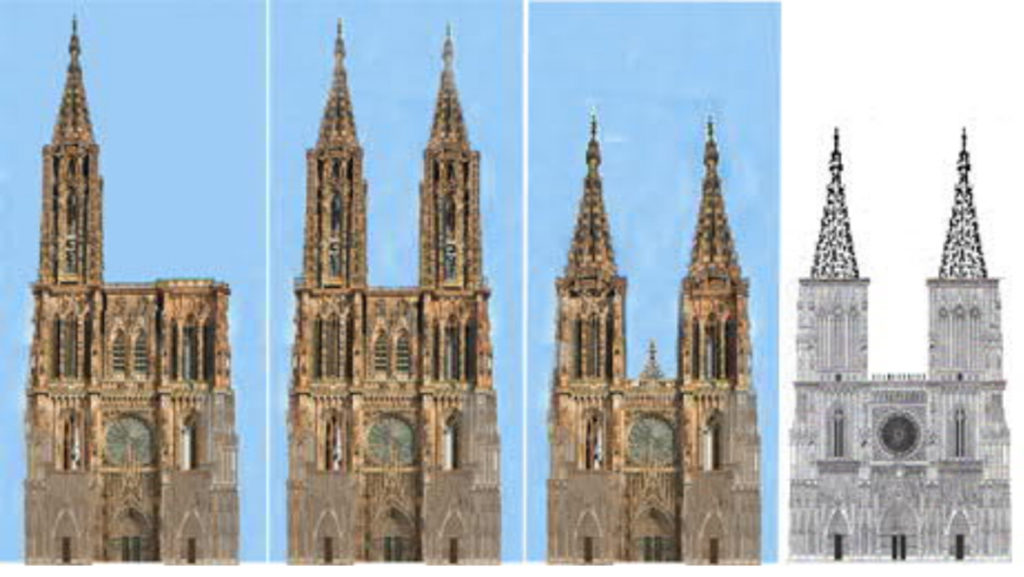 Strassburg-Kathedrale-Münster-Fassade-geplant-gebaut-Damals-Jetzt