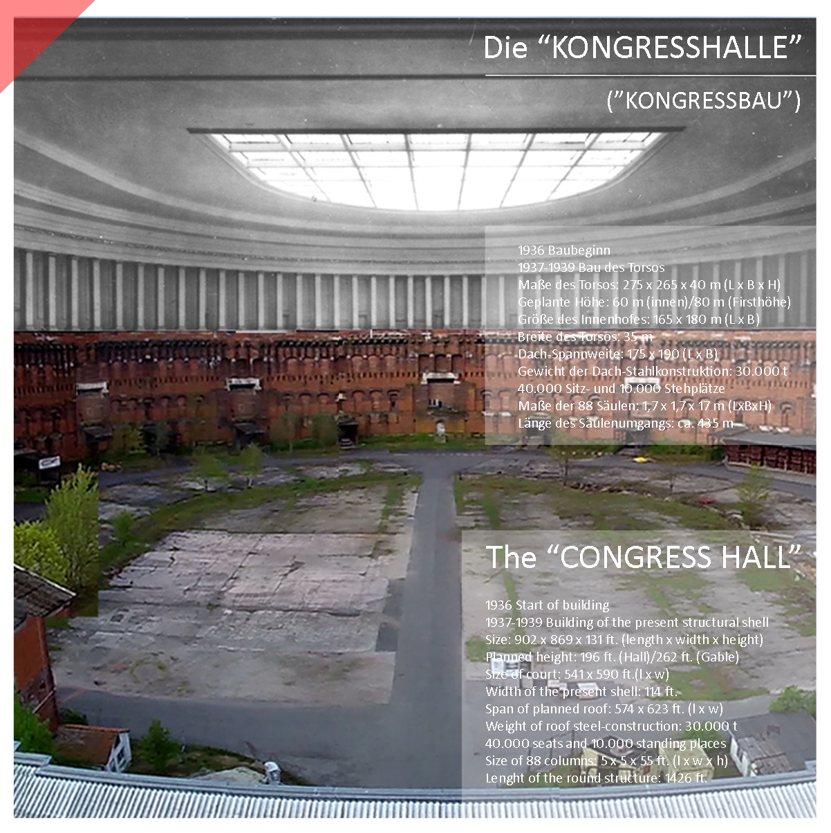 Nuremberg-Party-Rally-Grounds-new-Congress-hall-roof-66-columns-drone-flight-inner-court-Now-Then-panoramic-view-picture-postcard-folding-card