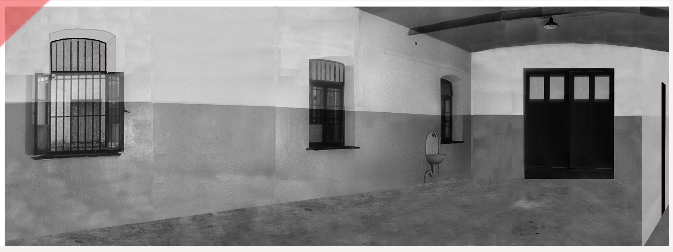 Weiße-Weisse-Rose-Hinrichtungsraum-Hinrichtungsstätte-1943-1958-Fallbeil-Enthauptung-Panorama-Blick-schwarzer-Vorhang-Garage-Weisse-Rose-Probst-Huber-Schmorell-Graf-Stadelheim-München-Muenchen-White-Rose-execution-room-chamber-1943-1958-site-fallbeil-beheadings-room-panoramic-black-curtain-garage-prison-stadelheim-munich