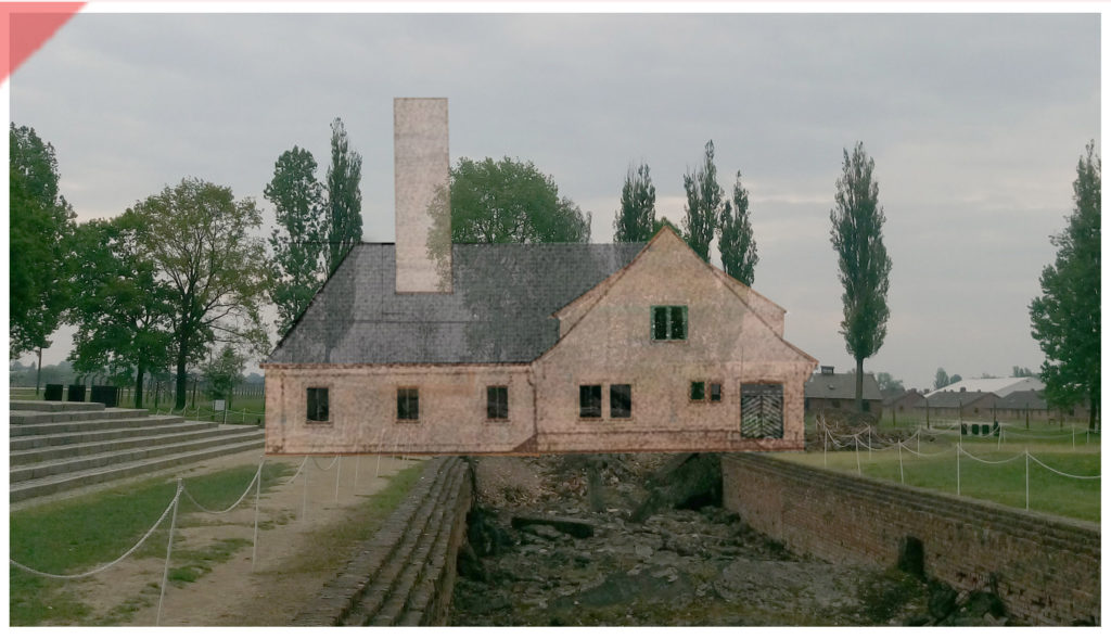 superimpose-now-then-in-color-colour-1943-1944-Auschwitz-Birkenau-Krematorium-crematorium-color-farbig-2-II-west-side-Westseite-Ueberblenden-now-then-comparison-Damals-Jetzt-Vergleich-1943-1944-Foto