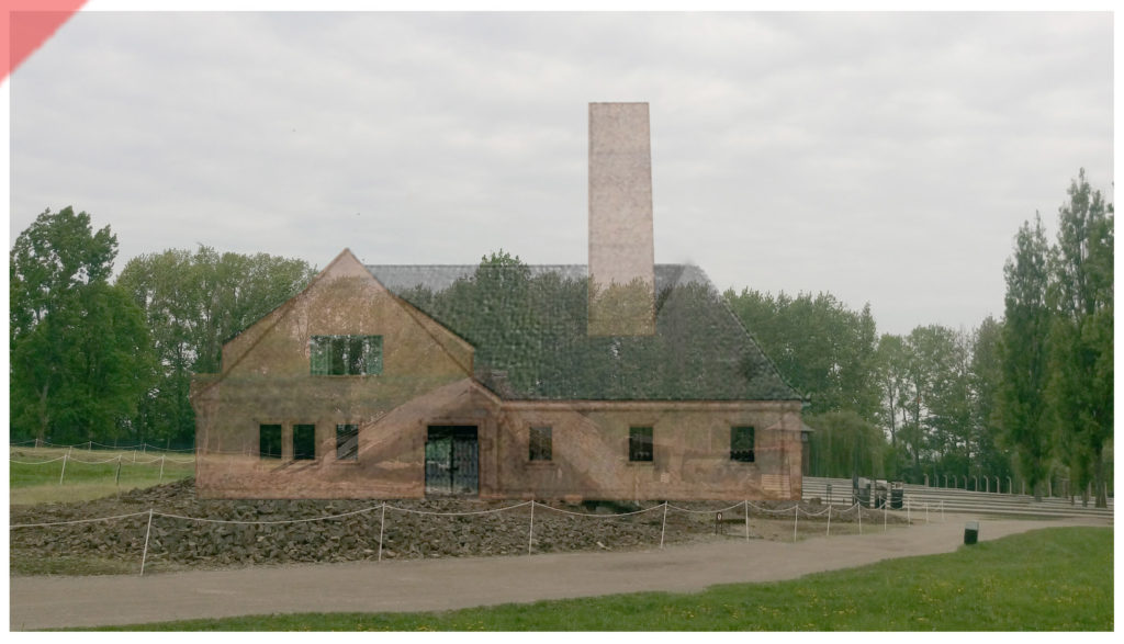 superimpose-now-then-in-color-colour-1943-1944-Auschwitz-Birkenau-Krematorium-Crematorium-farbig-color-2-II-Westseite-west-side-Ueberblenden-Then-now-Damals-Jetzt-Vergleich-1943-1944-Photo
