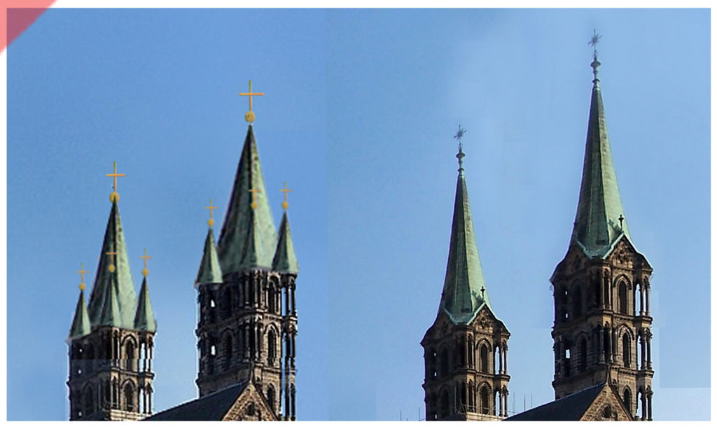 Bamberg-Dom-Türme-blei-westseite-westen-vergleich-damals-jetzt-höhe-optik-Turmhelme-Mittelalter-Panorama-Nordseite