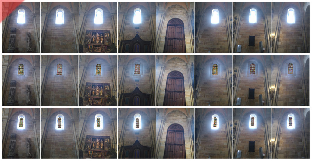 Bamberg-Dom-alte-Glasfenster-romanisch-Nordseite-3-Varianten-Jetzt-Damals-Kompromiss-bunt-farblos-Mittelalter-Panorama