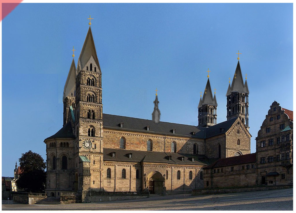 Bamberg-Dom-alte-Türme-GRAU-Turmhelme-Dachreiter-Mittelalter-Panorama-Nordseite