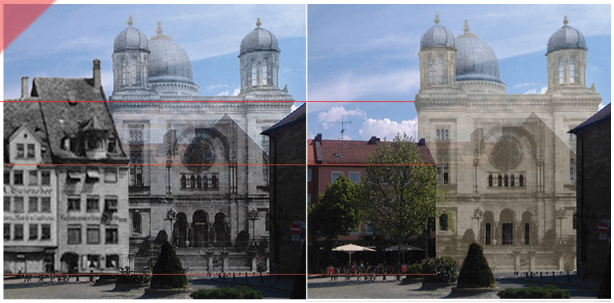 Synagoge-Nuernberg-Nürnberg-Hans-Sachs-Platz-farbig-96-dpi-zerstört-1938-hoehenlinien-baulinien-rot-queransicht-platz-damals-jetzt-vergleich
