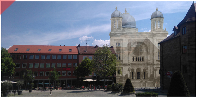 Synagoge-Nürnberg-Nuernberg-Hans-Sachs-Platz-1938-zerstört-96-dpi-din-lang-format-farbig-queransicht-ostseite-platz-damals-jetzt-vergleich
