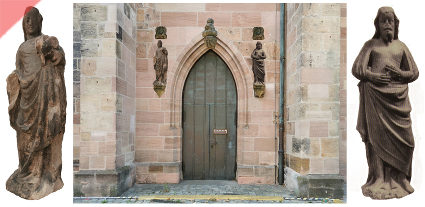 Christliche-Kunst-Jakobskirche-Nordportal-figur-links-rechts-rekonstruiert-Kirchen-Altstadt-Nuernberg-Nuernberg-Figurennischen-Steinplastiken
