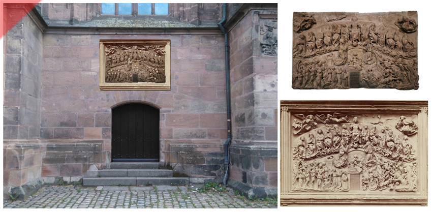 Sebalduskirche-Schedel-Steinrelief-Suedseite-rekonstruiert-Damals-Jetzt-Kirchen-Altstadt-Nuernberg-Nuernberg-Figurennischen-Steinplastiken