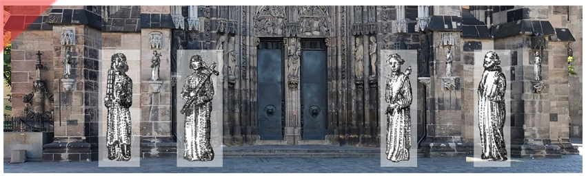 Christliche-Kunst-Lorenzkirche-Westseite-Westportal-Steinskulpturen-rekonstruiert-Damals-Jetzt-Kirchen-Altstadt-Nuernberg-Nuernberg-Figurennischen-Steinplastiken