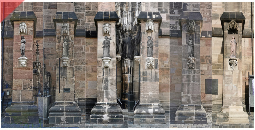 Christliche-Kunst-Lorenzkirche-Westseite-final-Westportal-Steinskulpturen-rekonstruiert-Damals-Jetzt-Kirchen-Altstadt-Nuernberg-Nuernberg-Figurennischen-Steinplastiken