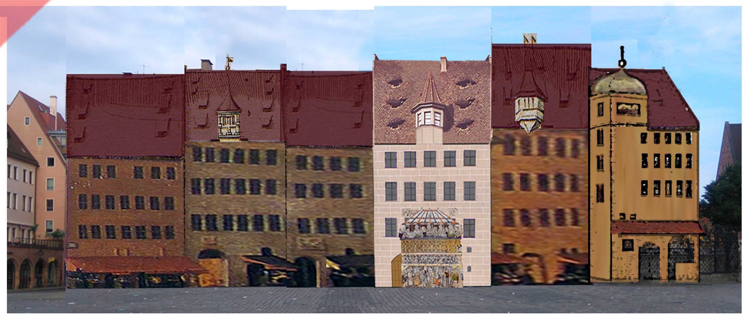 Heiltumsweisung-Nürnberg-Hauptmarkt-15-Schopper-Behaim-1424-1523-Rekonstruktion-Gebäude-3-Gebäudefront-Westseite-Panorama