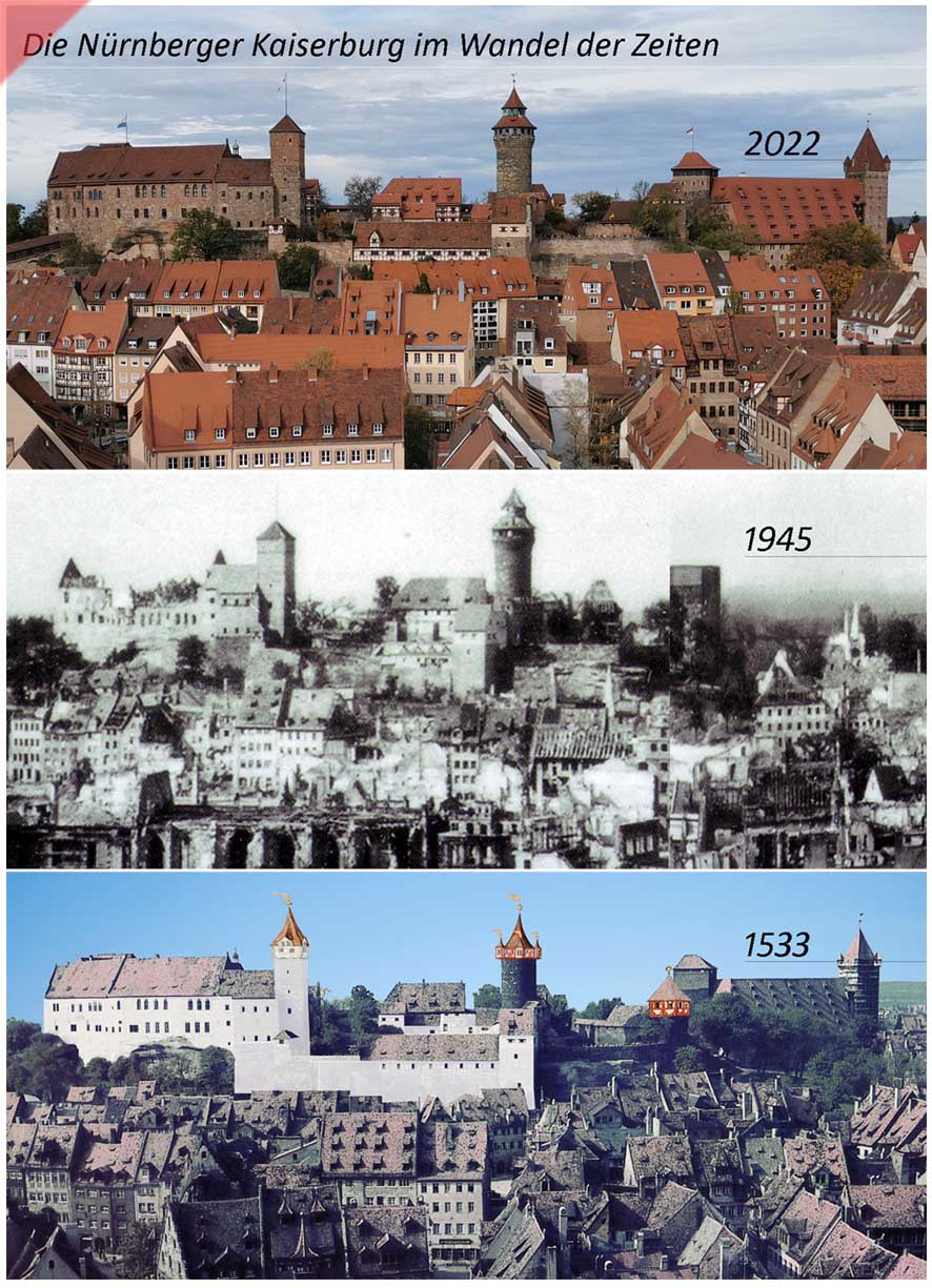 Kaiserburg-Burg-Nuernberg-Baugeschichte-2022-1945-1533-Damals-Jetzt-Vergleich-gekalkte-Mauern-Sinvellturm-Heidenturm