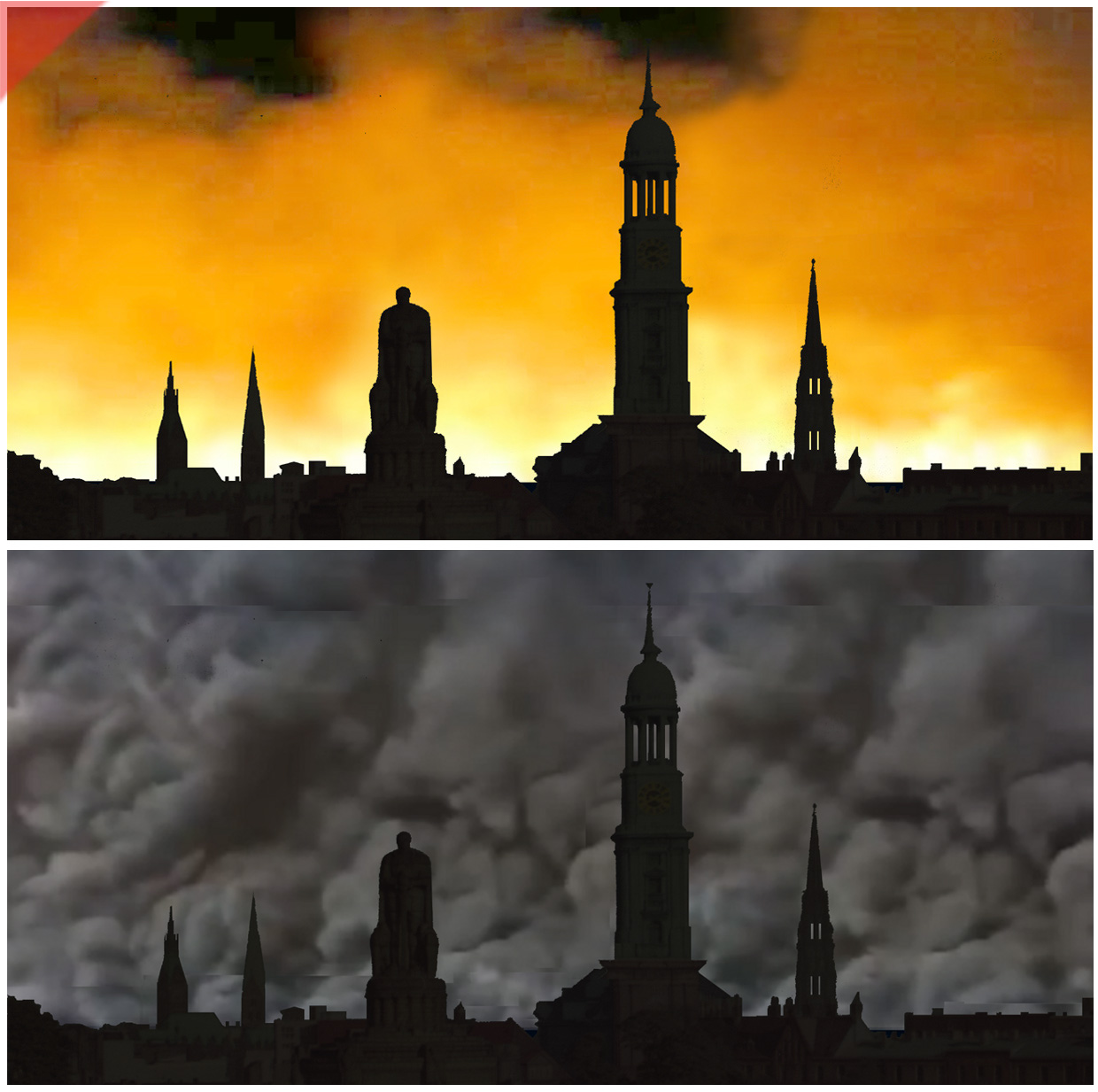 Feuersturm-Rauch-vergleich-Bismarck-Hamburg-Operation-Gomorrha-hell-27.-28.-Juli-1943-Nikolaikirche-Rathaus-Silhouette-Panorama