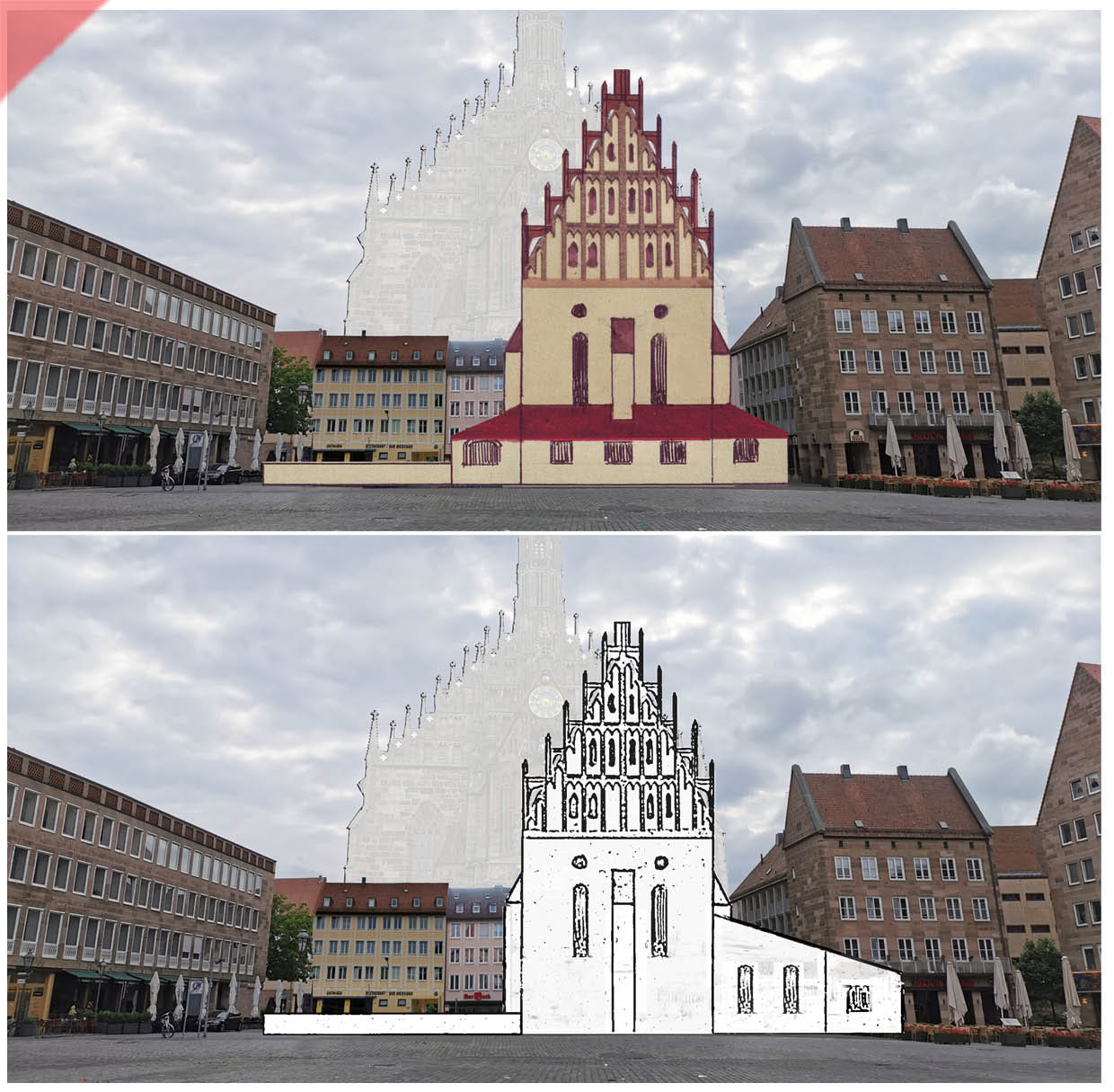 Synagoge-Hauptmarkt-farbig-hell-vergleich-Nuernberg-bis-1349-zerstoerung-fassade-pogrom-rekonstruktion-fassade-synagoge-prag-alt-neu