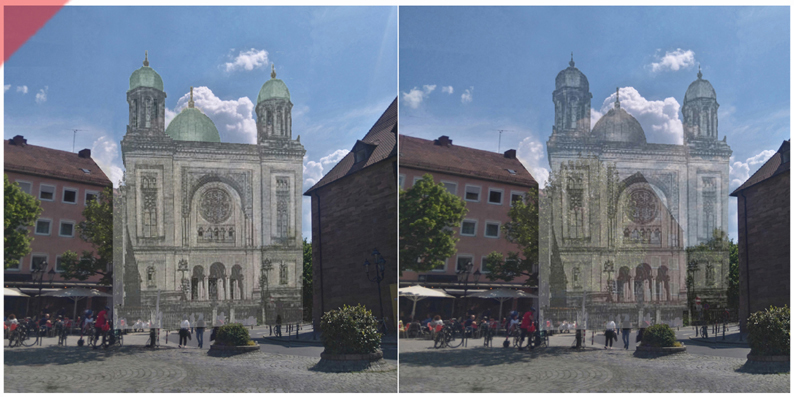 Synagoge-Nuernberg-Hans-Sachs-Platz-farbig-Kupferkuppel-August-1938-zerstört-2022-damals-jetzt-vergleich