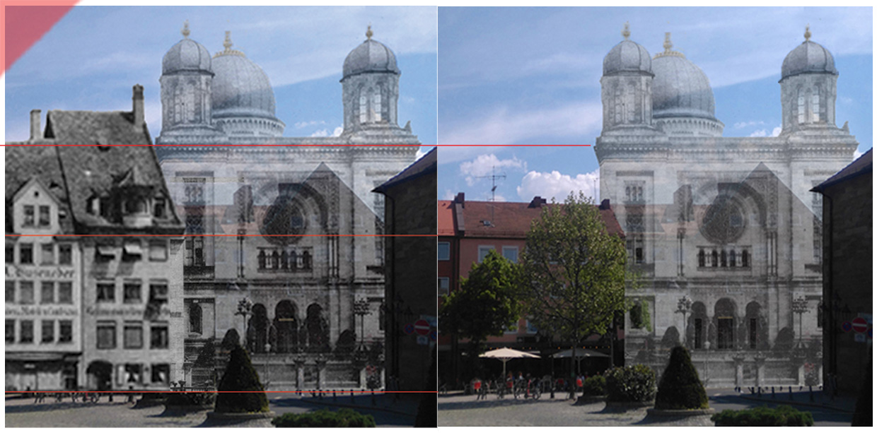 Synagoge-Nuernberg-Hans-Sachs-Platz-farbig-hoehenlinien-baulinien-2022-rot-queransicht-platz-damals-jetzt-vergleich