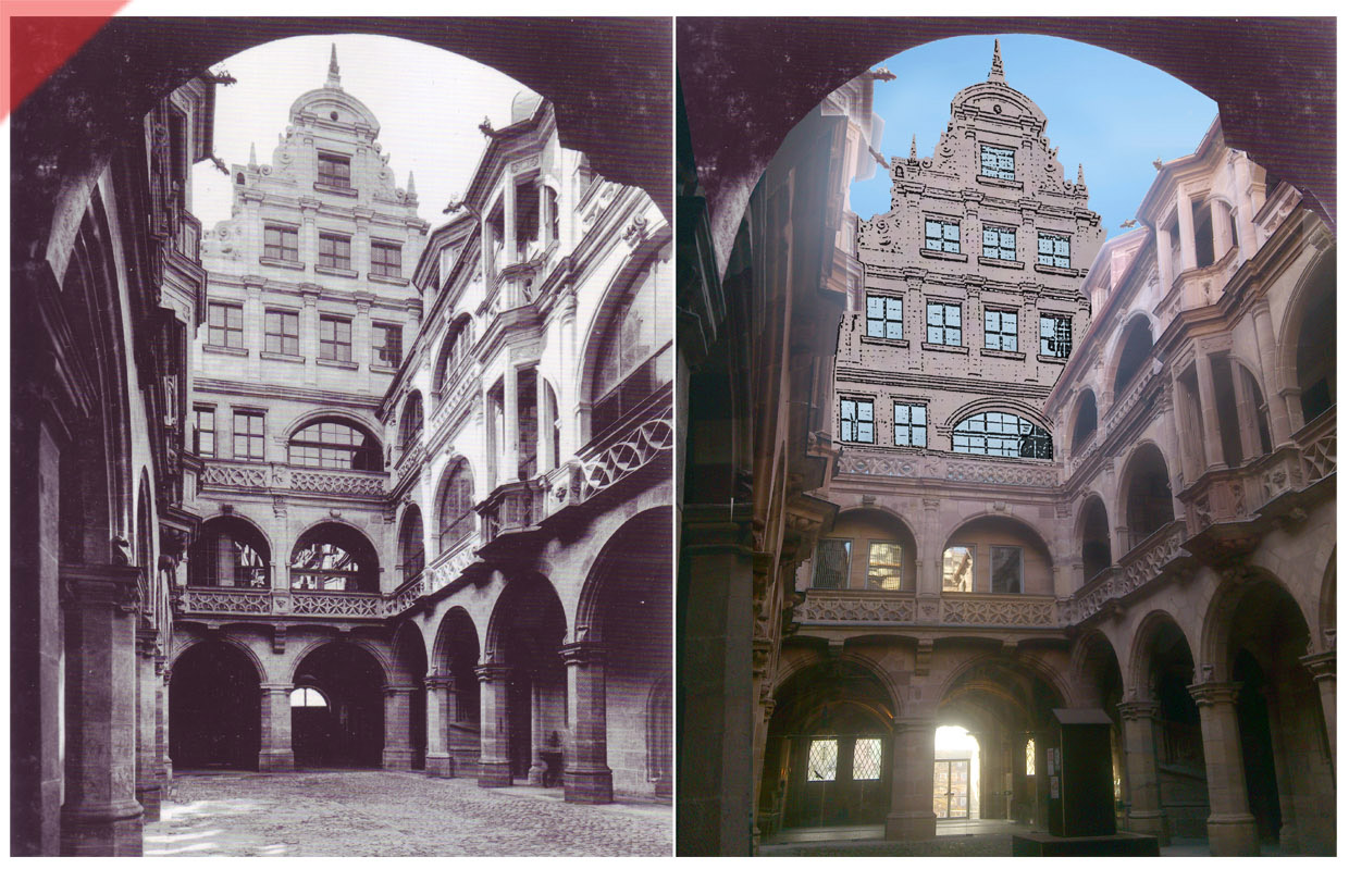 Pellerhaus-2023-1935-Vergleich-Suedgiebel-rosa-sandstein-Hofseite-Rekonstruktion-Fassade-drei-Varianten-Damals-Jetzt