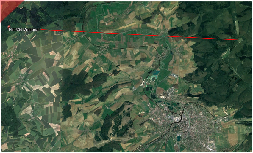 Hoehe-cote-hill-304-1916-Schlacht-von-Verdun-Google-Earth-Richtungsbalken-nach-Verdun-Blick-nach-Verdun-Fort-Douaumont