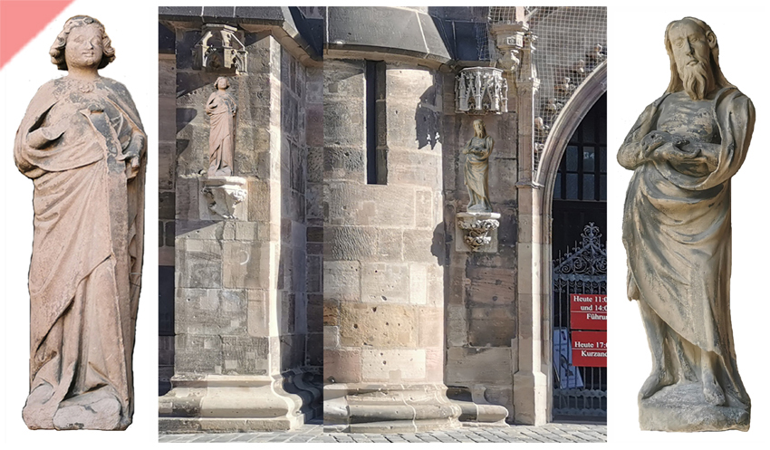 Christliche-Kunst-Lorenzkirche-Suedportal-Suedseite-Figuren-rekonstruiert-Damals-Jetzt-Kirchen-Altstadt-Nuernberg-Nuernberg-Figurennischen-Steinplastiken