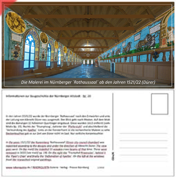 Ansichtskarte-Postkarte-Panorama-Duerer-enger-1521-2023-Blick-nach-Westen-Balken-Quertraeger-Rathaussaal-Nuernberg-Westseite-Albrecht-Duerer-Ausmalung-1521-Renaissanc