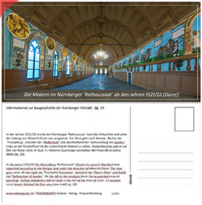 Ansichtskarte-Postkarte-Panorama-Duerer-enger-1521-2023-Blick-nach-Westen-Rathaussaal-Nuernberg-Westseite-Albrecht-Duerer-Ausmalung-1521-Renaissance