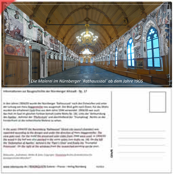 Ansichtskarte-Postkarte-Panorama-Haggenmiller-1904-2023-Blick-nach-Osten-Rathaussaal-Hans-Haggenmiller-Restaurator-Nuernberg-Ostseite-Albrecht-Ausmalung-Uebermalung