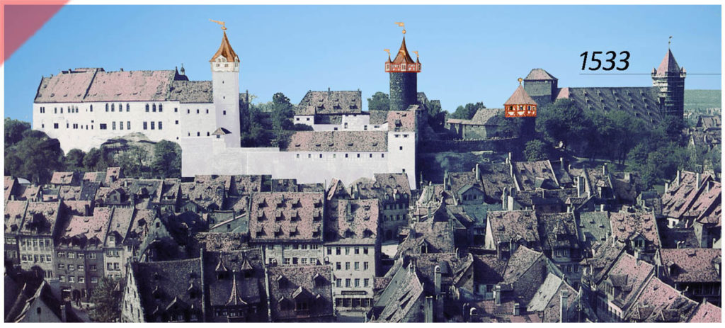 Kaiserburg-Burg-Nuernberg-Baugeschichte-optik-aussehen-1533-Haller-Buch-andere-Optik-Tuerme-Walpurgiskapelle-Panorama-2022-1945-1533-Damals-Jetzt-Vergleich-gekalkte-Mauern-Sinvellturm-Heidenturm