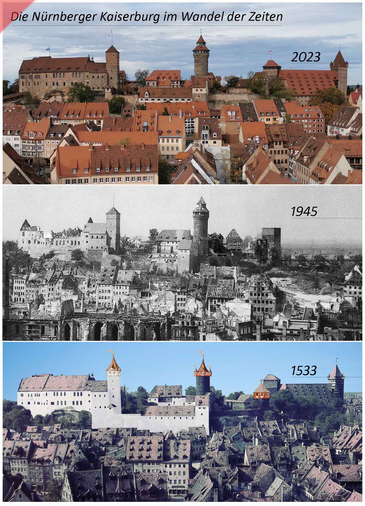 Kaiserburg-Burg-Nuernberg-Baugeschichte-2022-1945-1533-Damals-1945-Jetzt-Vergleich-gekalkte-Mauern-Sinvellturm-Heidenturm