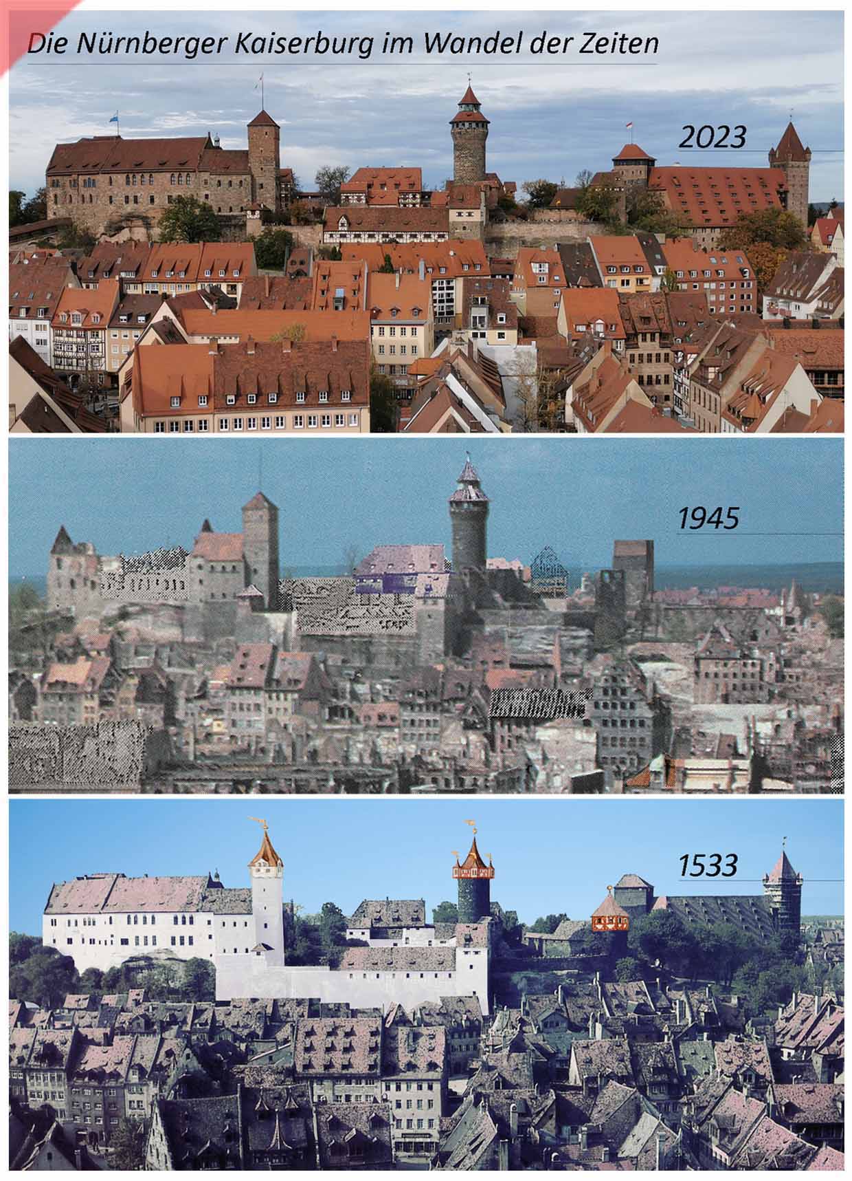 Kaiserburg-Burg-Nuernberg-Baugeschichte-2022-1945-1533-Damals-farbig-1945-Jetzt-Vergleich-gekalkte-Mauern-Sinvellturm-Heidenturm