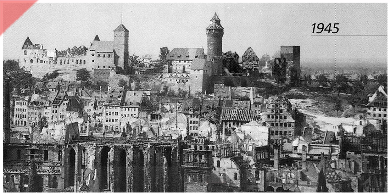 Kaiserburg-Burg-Nuernberg-Baugeschichte-optik-1945-verbrannt-zerstoert-Panorama-2022-1945-1533-Damals-Jetzt-Vergleich-gekalkte-Mauern-Sinvellturm-Heidenturm