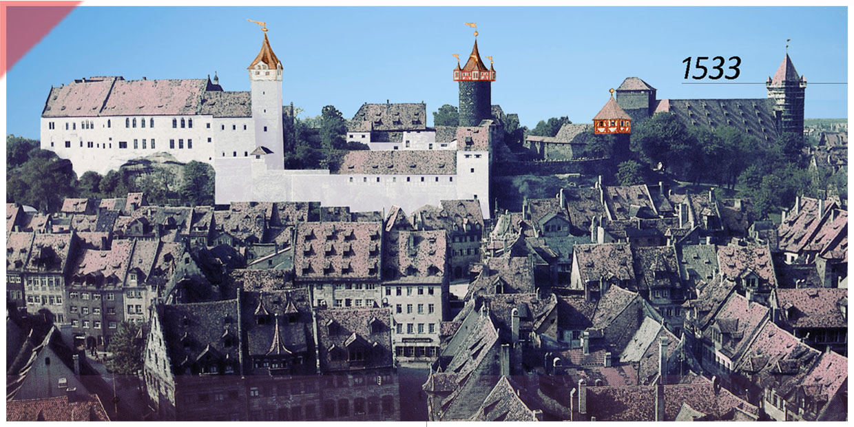 Kaiserburg-Burg-Nuernberg-Baugeschichte-optik-aussehen-1533-Haller-Buch-andere-Optik-Tuerme-Walpurgiskapelle-Panorama-2022-1945-1533-Damals-Jetzt-Vergleich-gekalkte-Mauern-Sinvellturm-Heidenturm