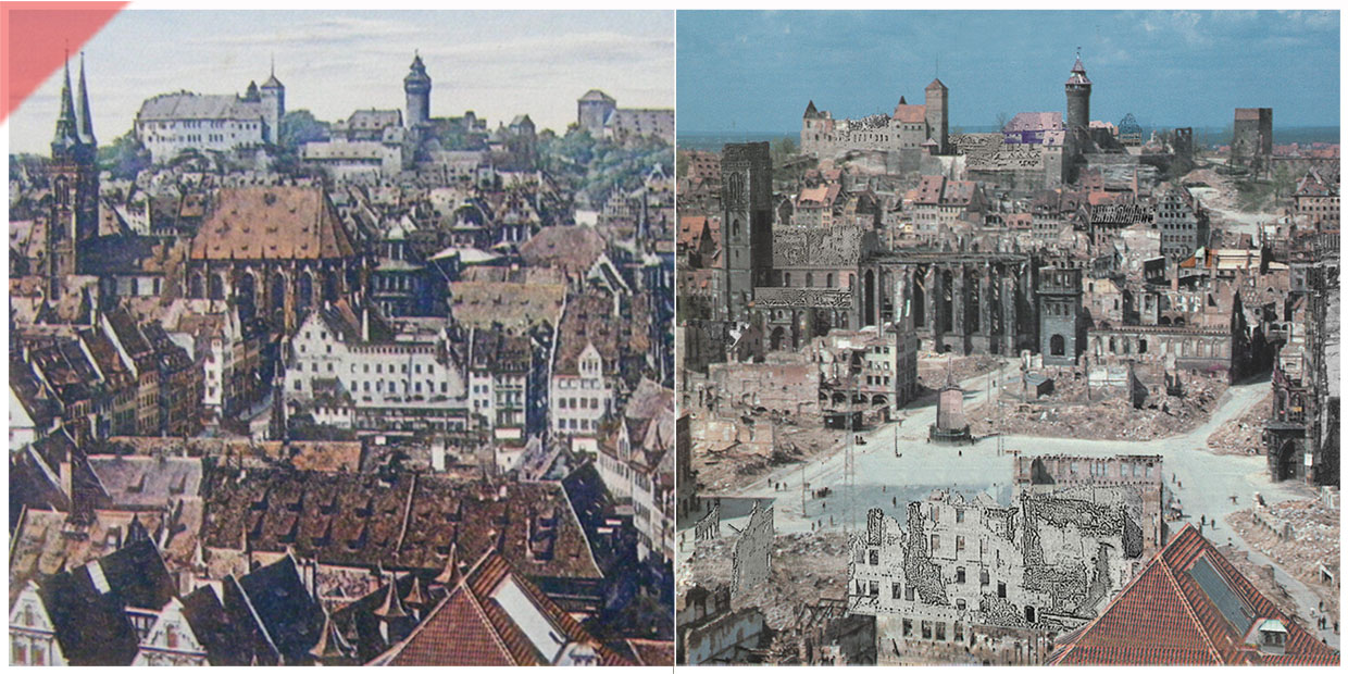 Vermaechtnis-schatten-Zerstoerung-1939-1945-farbig-Wiederaufbau-Nuernberger-Altstadt-Damals-Jetzt-Vergleich_1939-1945-2023