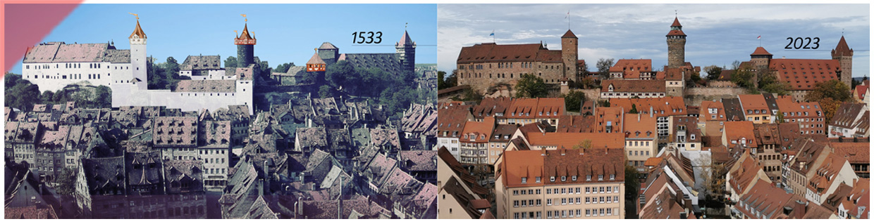 Kaiserburg-Burg-Nuernberg-vergleich-1533-2023-Baugeschichte-optik-aussehen-1533-Haller-Buch-Walpurgiskapelle-Panorama-2022-1945-1533-gekalkte-Mauern-Sinvellturm-Heidenturm