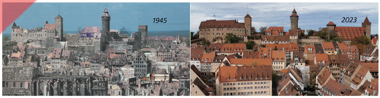 Kaiserburg-Burg-Nuernberg-vergleich-1945-2023-Baugeschichte-optik-aussehen-1533-Haller-Buch-andere-Optik-Tuerme-Walpurgiskapelle-Panorama-gekalkte-Mauern-Sinvellturm-Heidenturm