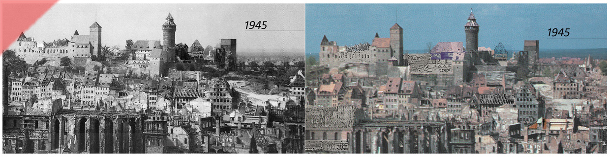 Kaiserburg-Burg-Nuernberg-vergleich-schwarz-weiss-farbig-1945-1945-Baugeschichte-optik-aussehen-1533-Haller-Buch-Walpurgiskapelle-Panorama-gekalkte-Mauern-Sinvellturm-Heidenturm